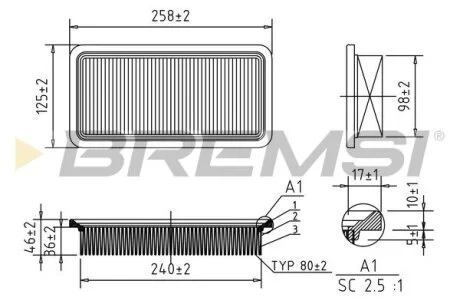Фильтр воздушный (256x124x45.9) Hyundai Getz (TB) 1.1-1.6 02-10 BREMSI FA1364