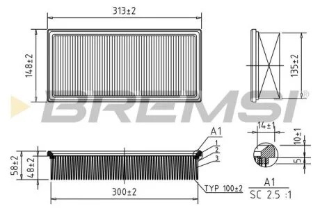 Фільтр повітряний Ford Transit 2.0/2.5DI/TD 91-00 (довгий) BREMSI FA1369