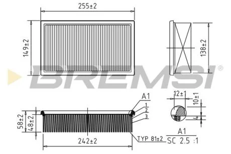 Фильтр воздушный (256x150x57) BMW 1.6-5.0 81-00 BREMSI FA1626