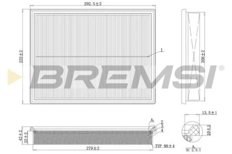 Фильтр воздушный (298x224x41.9) Opel Astra G Zafira 2.2 16V 00-12 BREMSI FA2105