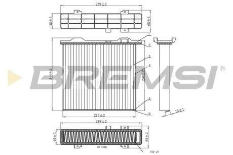 Фильтр салона (242x214x67.5) (угольный) Mitsubishi Pajero 2.4-3.8 90- BREMSI FC0911C