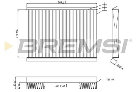 Фильтр салона (248x171x23) Hyundai i30 Kia Pro CeeD 06-18 BREMSI FC0929