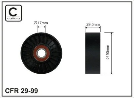 90x17x29,5 Ролик натяжний Cadillac Escalade 5.8 98-,6.2 06-// Chevrolet Camaro 5.7 92-98// Dodge Nitro 3.7 07-// Ford Explorer 4.6 06-, F150 4.2, 4.6 03-07, Mustang 4.0, 4.6 04-, (90x17x29) CAFFARO 29-99