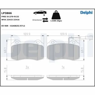 Комплект гальмівних колодок задн, MASERATI GHIBLI III, QUATTROPORTE VI 3.0/3.0D/3.8 01.13- Delphi LP3866