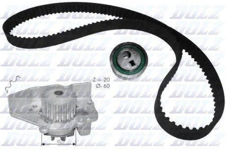 CITROEN К-кт ГРМ (помпа + ролик + ремень) BX 1,6 1,9 92- XANTIA 1,6i 1,8i 93- ZX 1,6i 1,8i DOLZ KD030