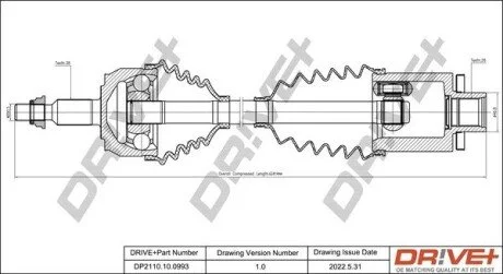 Піввісь (передня) VW T5 1.9TDI-2.5TDI 03- (L) (38x26x613) Drive+ DP2110100993