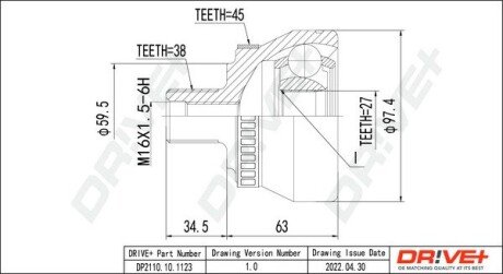 ШРКШ (зовнішній) Audi A4/A6/A8/VW Passat 94-05/Skoda SuperB 01-08 (38z/27z/59.5mm/98mm/34mm)(+ABS45z) Drive+ DP2110101123