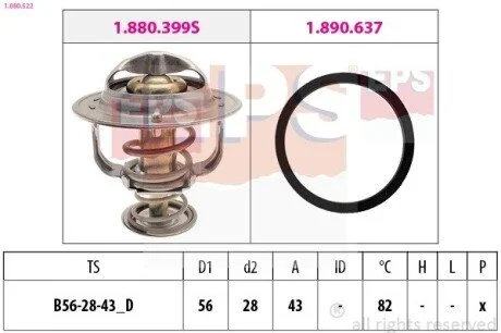 TOYOTA Термостат с прокладкой Avensis,Camry,Rav 4 III,Mitsubishi Lancer X,Outlander III,Nissan,Volvo EPS 1.880.522
