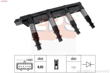 CITROEN Катушка зажигания C2,3,4,Peugeot 206,207,307 1.4 16V 03- EPS 1.970.483