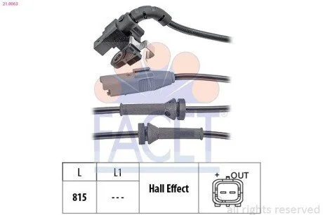 Датчик ABS Citroen C4, C4 I, C4 II, DS4/Pеugeot 307, 308 04- задній Л/Пр FACET 21.0063