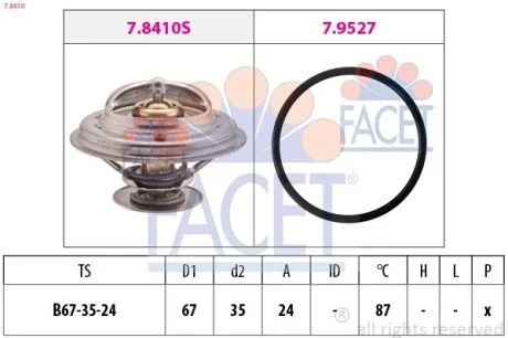 Термостат VW Transporter IV, V/Golf III, IV, V/Audi A3/A6/A8 2.0-3.2 i/D 90- (82 C) FACET 7.8410
