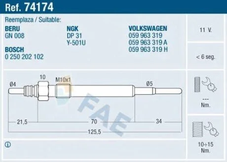 Свічка розжарювання FAE 74174
