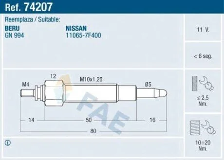 Свічка розжарювання FAE 74207