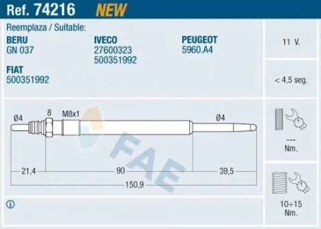 Свіча розжарювання FAE 74216