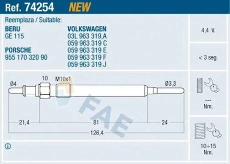 Свічка розжарювання FAE 74254