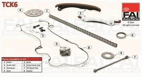 К-кт ГРМ Fiat Dodlo 1.3 JTD 16V 05.04- (2 шестерні+цеп+натяжник+2 направляючі+прокладка) FAI TCK6 (фото 1)