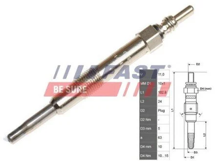 Свічка розжарювання 11V Fiat Doblo, Punto, Marea 1,9/2,4JTD 98- FAST FT82703