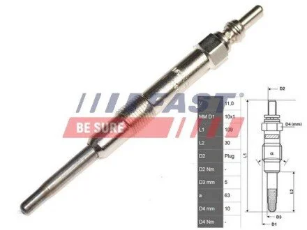 Свічка розжарювання (11V) Fiat Doblo, Punto, 1,9 Multijet 00- FAST FT82733