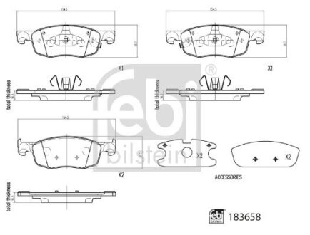 Комплект гальмівних колодок передн, MAZDA 2, TOYOTA AYGO X, YARIS 1.0/1.5/1.5H 02.20- FEBI BILSTEIN 183658 (фото 1)