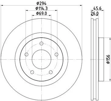Тормозной диск перед. Jeep Compass, Patriot 07-13 Dodge Avenger 08-13, Caliber 07-12, Chrysler Sebring 07-10 Mitsubishi Outlander 07-12, Lancer GT, GTS 08-13 HELLA 8DD 355 115-911