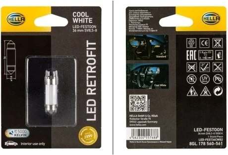 Лампа LED RETROFIT 12V, SV8.5-8 1W 36MM 5000K 35lm HELLA 8GL178560561