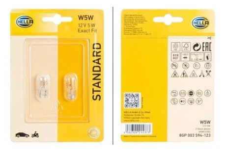 W5W 12V 5W Лампа розжарювання (блістер 2 шт) STANDARD HELLA 8GP 003 594-123