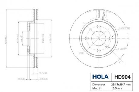 Диск гальмівний (передній) Lada 2110/2111 -12 (238.7x19.7) HOLA HD904