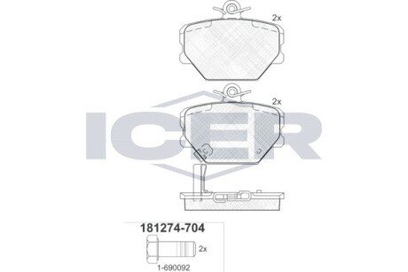 Гальмівні колодки, дискове гальмо (набір) ICER 181274704