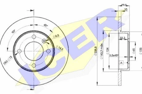 Диск гальмівний (передній) Audi 80 72-86/VW Passat/Golf 73-97/Polo 81-94 (239x10) (з покр.) (повний) ICER 78BD33252