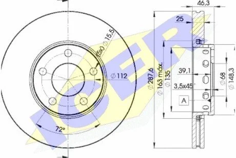 Диск гальмівний (передній) Audi A4/A6/VW Passat 95-08/Skoda Superb 02-08 (287.7x24.9)(з покр.)(вент.) ICER 78BD40632