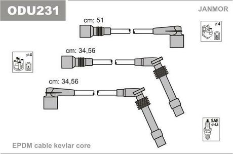 К-кт высоковольтных кабелей Opel Vectra 1.6/1.8/2.0 88- Janmor ODU231 (фото 1)