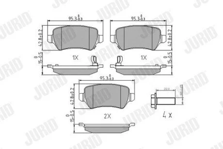 Гальмівні колодки задні OPEL ASTRA/COMBO/MERIVA/ZAFIRA KIA VENGA CHRYSLER CONCORDE CHEVROLET CORSA/A Jurid 573122J