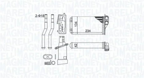 Радіатор пічки CITROEN C1, PEUGEOT 107, TOYOTA AYGO, AYGO/HATCHBACK 1KR-FE/CFA(384F)/CFB(1KR) 06.05-09.14 MAGNETI MARELLI 350218466000