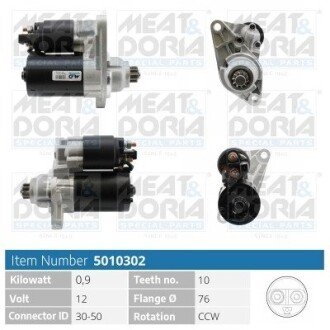 MEATDORIA AUDI Стартер A2 (8Z0) 1.4 00-05, SEAT CORDOBA (6L2) 1.4 16V 02-07, SKODA FABIA I (6Y2) 1.4 16V 99-08, VW GOLF IV (1J1) 1.6 FSI 02-05 MEAT&DORIA 5010302 (фото 1)
