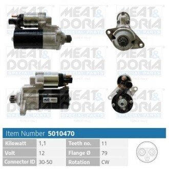 MEATDORIA AUDI Стартер A3 (8V1, 8VK) S3 quattro 14-16, VW JETTA IV 2.0 TSI 12-17, SKODA OCTAVIA III Combi (5E5, 5E6) 2.0 TSI RS 15-20 MEAT&DORIA 5010470