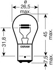 Лампа накалу, сигналу гальмування/ задний габ. огонь. Лампа накаливания, фонарь сигнала торможения. Лампа накаливания, задняя противотуманная фара. Лампа накаливания, задний гарабитный огонь. Лампа накалу, сигналу гальмування/ задний габ. OSRAM 7538LDR (фото 1)