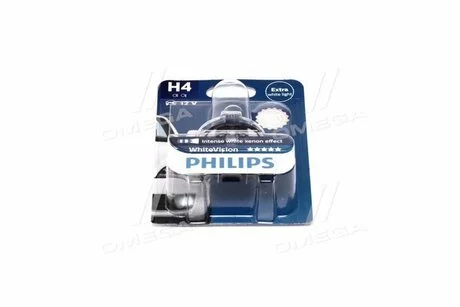 Лампа накала H4 WhiteVision 12V, 60/55W, P43t-38, (+60) (4300K) 1шт. blister (выр-во) PHILIPS 12342WHVB1