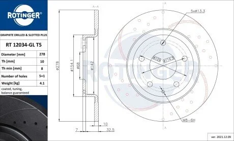 Диск тормозной вентилируемый графитовый (кратно 2) MAZDA 6 [278X40] ROTINGER RT 12034-GL/T5