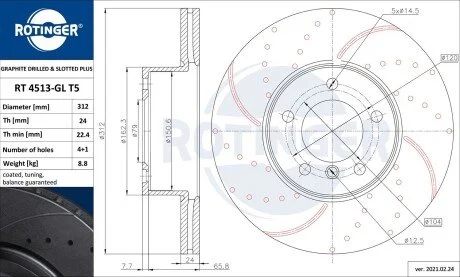 Диск тормозной (передний) BMW 1(F20/F21) 11-/3 (E90/E91/E92) 07-11 (312x23.9) B37/N13/N47/N55 ROTINGER RT4513GLT5