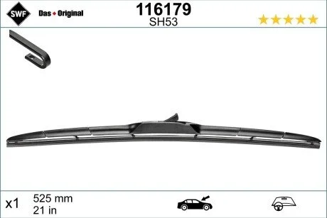 Щітка склоочисника гібридна передн із спойлером (1шт) 525мм CHEVROLET CAMARO, CITROEN C4 AIRCROSS, C-CROSSER, C-CROSSER ENTERPRISE, JEEP GRAND CHEROKEE IV, LANCIA THEMA, MITSUBISHI ASX 11.06- SWF 116179