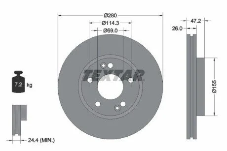 Диск тормозной HYUNDAI/KIA I30/Tucson/Cerato/Ceed &quot;F D=280mm &quot;04&gt;&gt; TEXTAR 92161605 (фото 1)