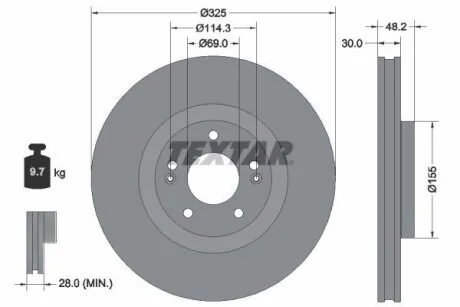 Диск гальмівний HYUNDAI KONA, SANTA FE IV, SANTA FE V, SANTA FÉ III, KIA SORENTO IV 1.0-2.5 07.18- TEXTAR 92341803 (фото 1)