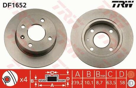 Диск тормозной (1 шт.).) FORD (Europe) Escort/Escort 35/Escort 55/Escort 60/Escort-Express 35/Es TRW DF1652 (фото 1)