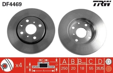 Диск гальмівний (1 шт.) CITROEN/PEUGEOT/TOYOTA C1/107/Aygo F "05>> TRW DF4469