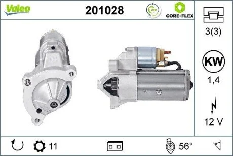 Стартер (12В, 1,4кВт, новий) CITROEN BERLINGO, BERLINGO/MINIVAN, C15/MINIVAN, C4, C4 I, C5 I, C5 II, C5 III, C8, C-CROSSER, EVASION, JUMPER I, JUMPY I, XANTIA, XANTIA/KOMBI, XM 1.4-2.2D 05.89- Valeo 201028