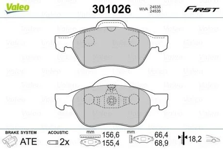 Гальмівні колодки дискові VAG/RENAULT A1/A3/Megane/Scenic/Fabia/Octavia/Bora/Golf "1,0-2,0 "F "96>> Valeo 301026