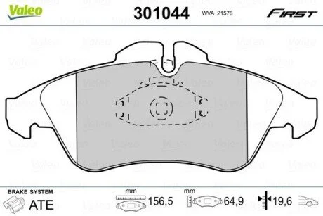 Тормозные колодки дисковые MB/VW Sprinter/V-Class/Vito/LT "2,0-2,9 "F "95-06 Valeo 301044