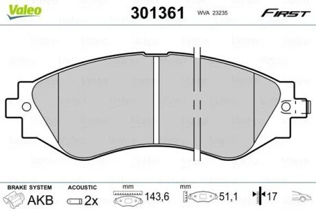 Тормозные колодки дисковые CHEVROLET/DAEWOO Epica/Lacetti/Nubira/Rezzo/Leganza "1,4-2,2 "F "97>> Valeo 301361