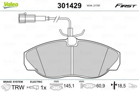 Тормозные колодки дисковые CITROEN/FIAT/PEUGEOT Jumper/Ducato/Boxer "F "94-02 Valeo 301429