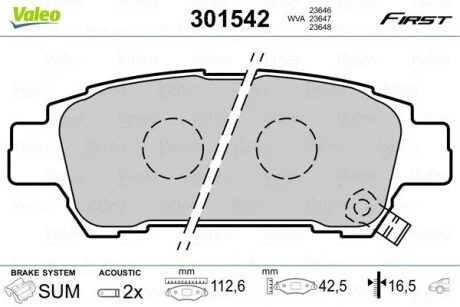Тормозные колодки дисковые YOYOTA Avensis/Previa "2,0-2,4 "R "00-09 Valeo 301542